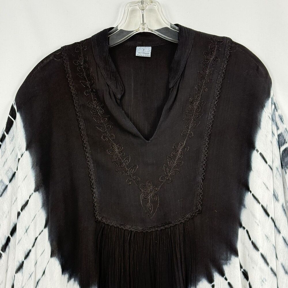 Vtg Black Batik Embroidered Bohemian Hippie Caftan Tunic Top OS - Picture 7 of 15